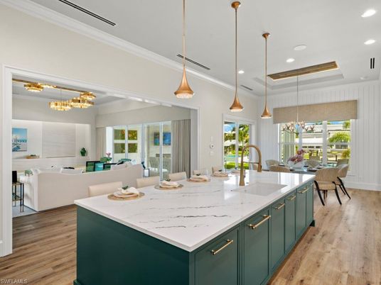Chandelier, Dining room, Interior, Kitchen, Living room, Pendant Lights, Recessed Lighting, Wood Texture Flooring