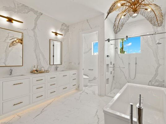 Bathroom, Dual Sink Vanities, Glass Shower, Interior, Marble, Marble Walls