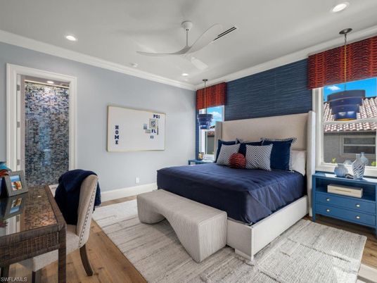 Bedroom, Interior, Pendant Lights, Recessed Lighting, Wood Texture Flooring