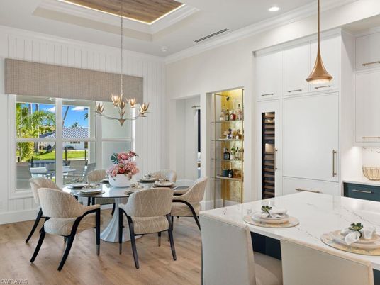 Chandelier, Dining room, Interior, Pendant Lights, Recessed Lighting, Wood Texture Flooring