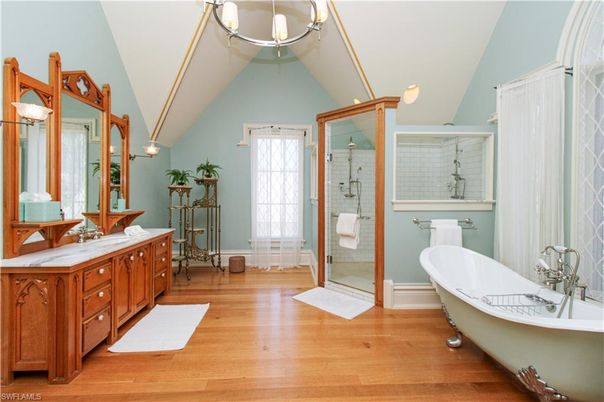 Bathroom, Dual Sink Vanities, Free Standing Baths, Glass Shower, Interior, Pendant Lights, Wood Texture Flooring