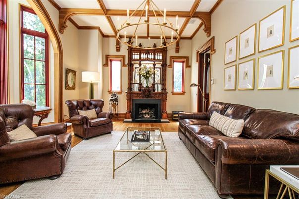Chandelier, Fireplace, Interior, Living room, Wooden Beams, Wood Texture Flooring