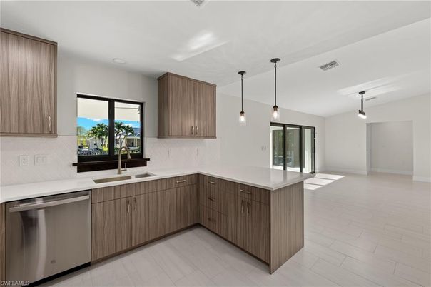 Interior, Kitchen, Pendant Lights, Stainless Steel Appliances, Wood Texture Flooring