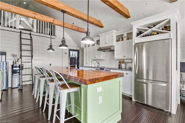 Interior, Kitchen, Pendant Lights, Stainless Steel Appliances, Wooden Beams, Wood Texture Flooring