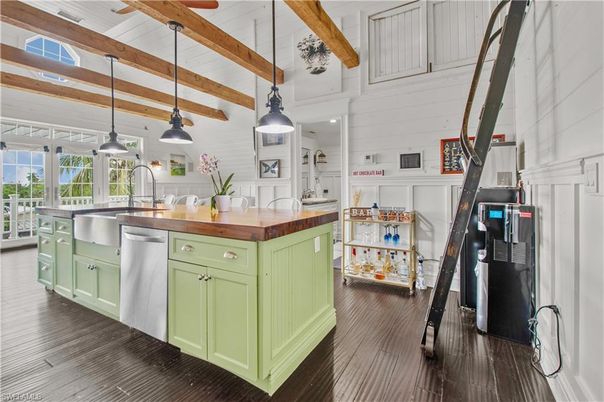 Interior, Kitchen, Pendant Lights, Recessed Lighting, Stainless Steel Appliances, Wooden Beams, Wood Texture Flooring
