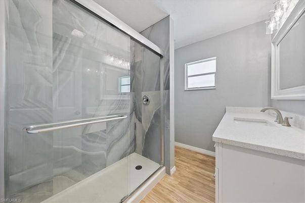 Bathroom, Glass Shower, Interior, Wood Texture Flooring