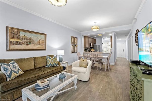 Chandelier, Dining room, Interior, Kitchen, Living room, Recessed Lighting, Wood Texture Flooring