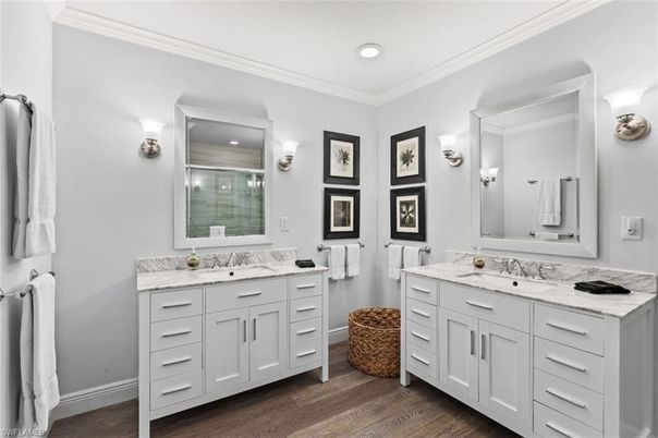 Bathroom, Dual Sink Vanities, Interior, Recessed Lighting, Wood Texture Flooring