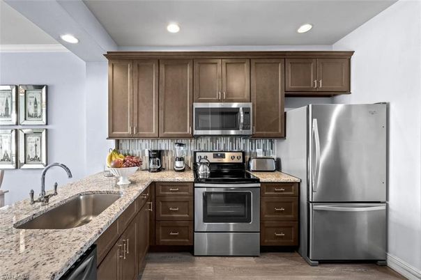 Interior, Kitchen, Recessed Lighting, Stainless Steel Appliances, Wood Texture Flooring