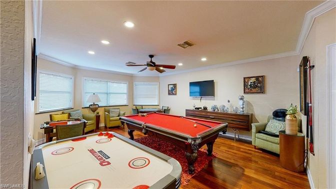 Billiard Table, Game Room, Interior, Recessed Lighting, Wood Texture Flooring