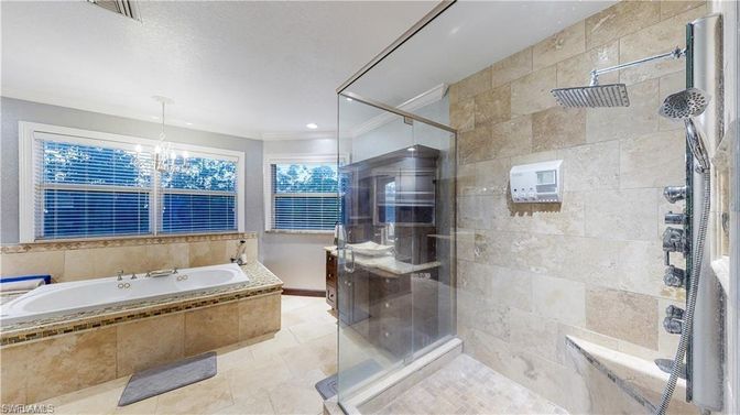 Bathroom, Glass Shower, Interior, Pendant Lights, Recessed Lighting, Stone Walls