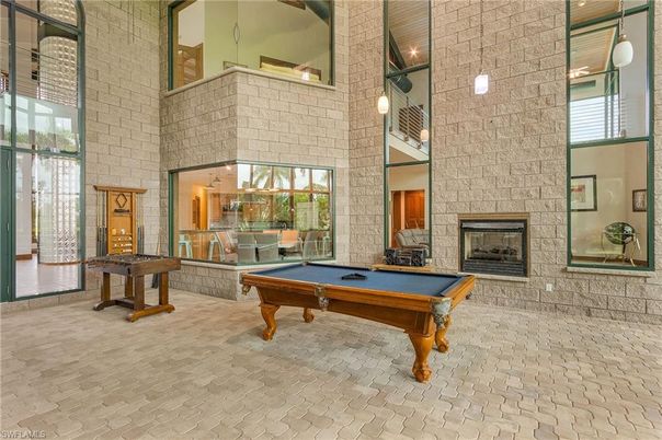 Billiard Table, Fireplace, Game Room, Interior, Pendant Lights, Stone Walls