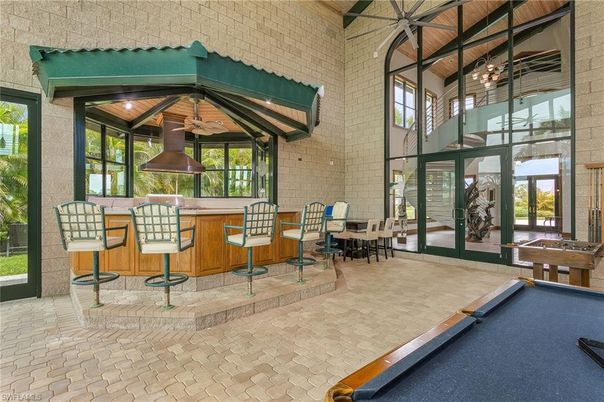 Billiard Table, Game Room, Interior, Pendant Lights, Stone Walls