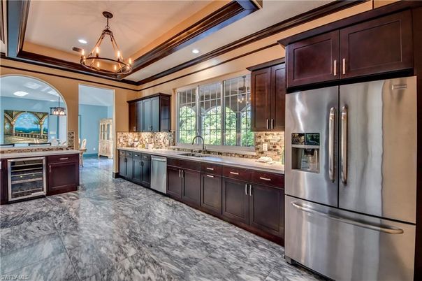 Interior, Kitchen, Marble, Pendant Lights, Recessed Lighting, Stainless Steel Appliances