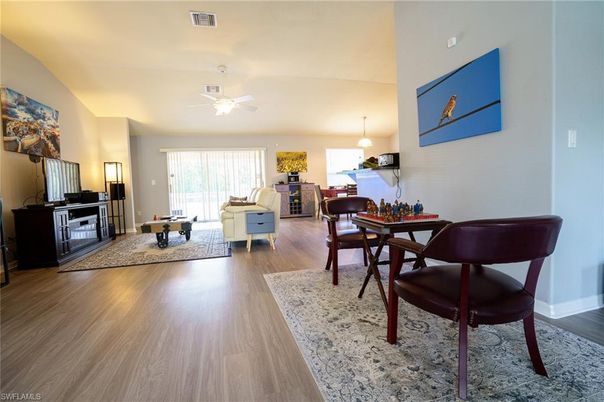 Dining room, Interior, Living room, Pendant Lights, Wood Texture Flooring