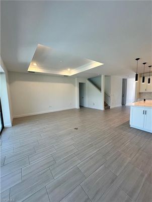 Empty room, Interior, Kitchen, Pendant Lights, Recessed Lighting, Wood Texture Flooring