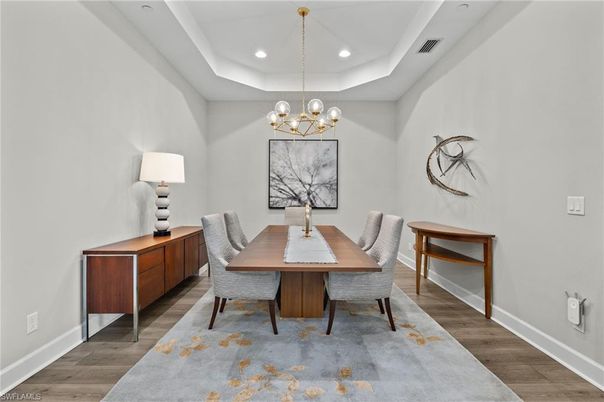 Dining room, Interior, Pendant Lights, Recessed Lighting, Wood Texture Flooring