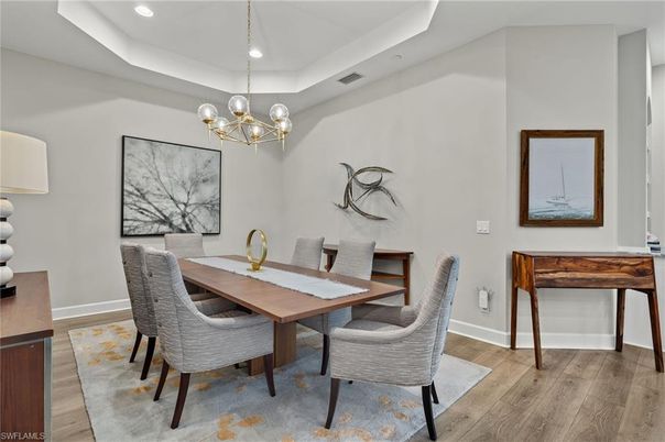 Dining room, Interior, Pendant Lights, Recessed Lighting, Wood Texture Flooring