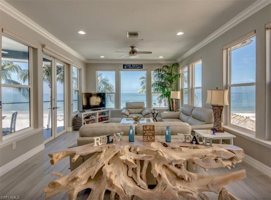 Dining room, Interior, Living room, Recessed Lighting, Water, Wood Texture Flooring