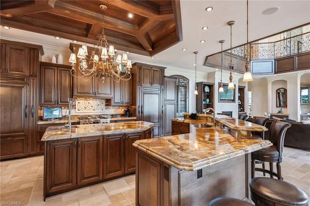 Chandelier, Interior, Kitchen, Pendant Lights, Recessed Lighting, Stainless Steel Appliances, Wooden Beams, Wooden Ceilings