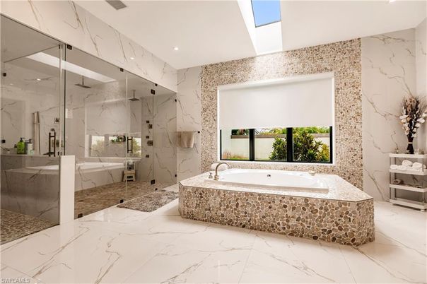 Bathroom, Glass Shower, Interior, Marble, Marble Walls, Recessed Lighting