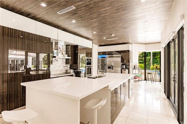 Interior, Kitchen, Pendant Lights, Recessed Lighting, Stainless Steel Appliances, Wooden Ceilings