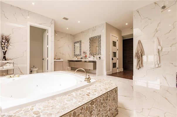 Bathroom, Interior, Marble Walls, Recessed Lighting, Wood Texture Flooring