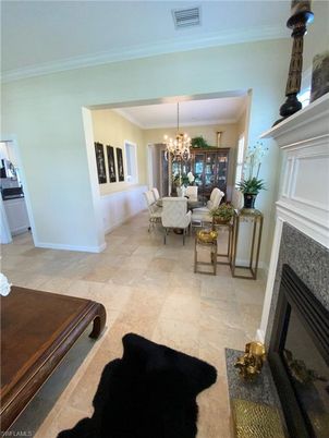 Chandelier, Dining room, Fireplace, Interior