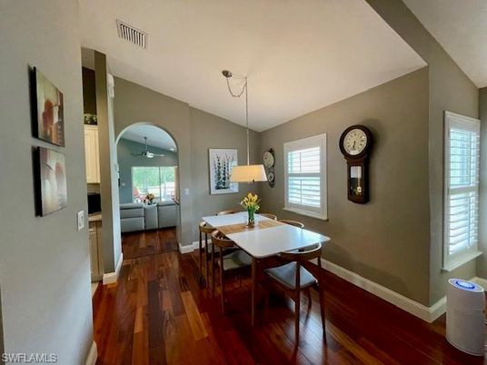 Dining room, Interior, Living room, Pendant Lights, Wood Texture Flooring