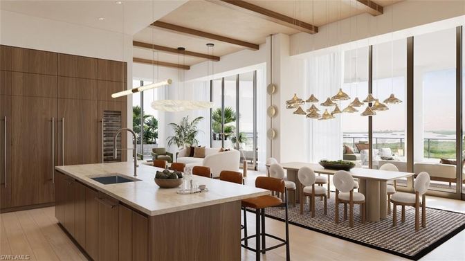 Dining room, Interior, Kitchen, Pendant Lights, Wooden Beams, Wood Texture Flooring