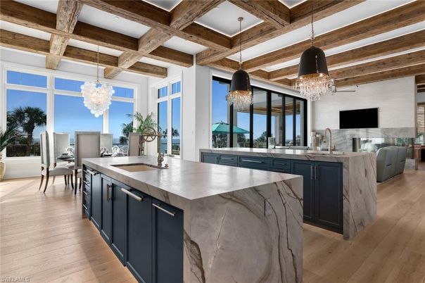 Chandelier, Interior, Kitchen, Pendant Lights, Wooden Beams, Wood Texture Flooring