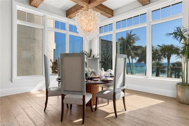 Chandelier, Dining room, Interior, Water, Wooden Beams, Wood Texture Flooring