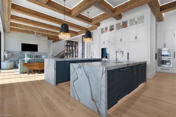 Chandelier, Interior, Kitchen, Pendant Lights, Stainless Steel Appliances, Wooden Beams, Wood Texture Flooring