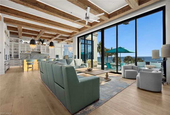 Dining room, Interior, Kitchen, Living room, Pendant Lights, Water, Wooden Beams, Wooden Ceilings, Wood Texture Flooring
