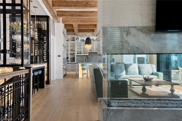 Interior, Living room, Marble Walls, Pendant Lights, Wine Storage, Wooden Beams, Wooden Ceilings, Wood Texture Flooring