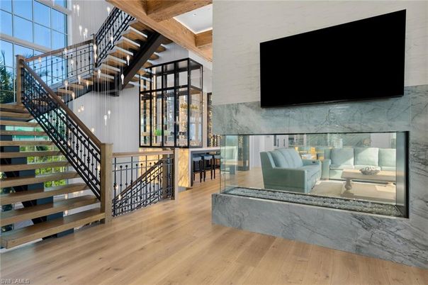 Fireplace, Interior, Marble Walls, Pendant Lights, Wooden Beams, Wooden Ceilings, Wood Texture Flooring