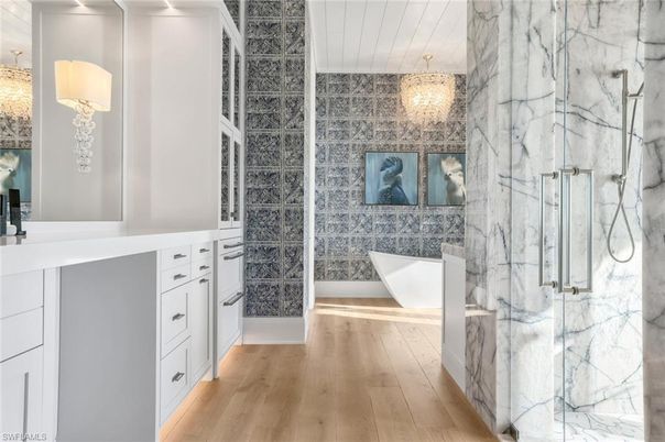 Bathroom, Chandelier, Interior, Marble Walls, Wood Texture Flooring