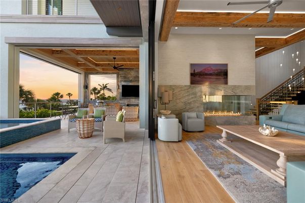 Fireplace, Interior, Living room, Recessed Lighting, Wooden Beams, Wood Texture Flooring