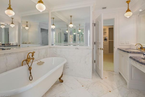Bathroom, Dual Sink Vanities, Free Standing Baths, Interior, Marble, Marble Walls, Pendant Lights