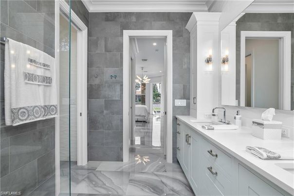 Bathroom, Bedroom, Dual Sink Vanities, Glass Shower, Interior, Marble, Recessed Lighting