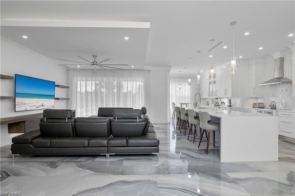 Interior, Kitchen, Living room, Marble, Pendant Lights, Recessed Lighting