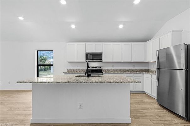 Interior, Kitchen, Recessed Lighting, Stainless Steel Appliances, Wood Texture Flooring