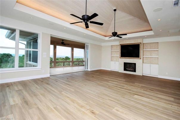 Empty room, Fireplace, Interior, Recessed Lighting, Wood Texture Flooring