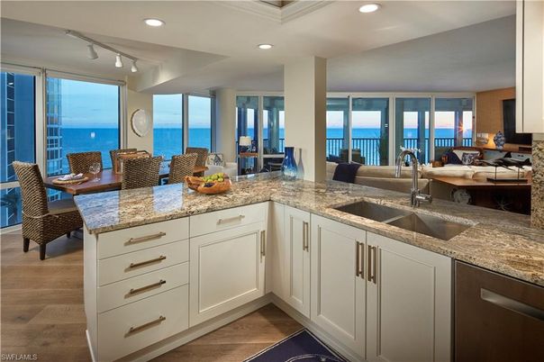 Dining room, Interior, Kitchen, Recessed Lighting, Water, Wood Texture Flooring