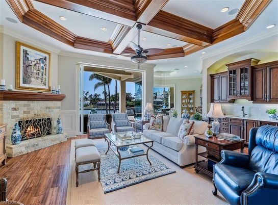 Fireplace, Interior, Living room, Recessed Lighting, Wooden Beams, Wood Texture Flooring