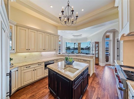 Chandelier, Interior, Kitchen, Recessed Lighting, Stainless Steel Appliances, Wood Texture Flooring