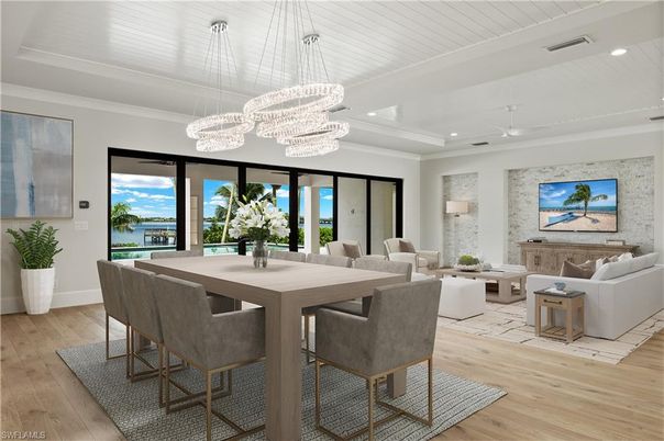 Chandelier, Dining room, Interior, Living room, Recessed Lighting, Stone Walls, Wood Texture Flooring