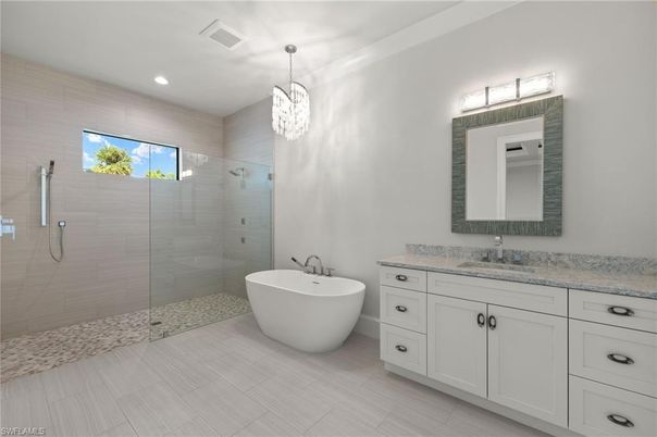 Bathroom, Dual Sink Vanities, Free Standing Baths, Glass Shower, Interior, Pendant Lights, Recessed Lighting