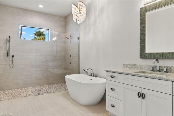 Bathroom, Chandelier, Dual Sink Vanities, Free Standing Baths, Glass Shower, Interior, Recessed Lighting