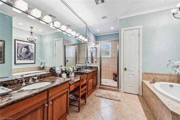Bathroom, Chandelier, Dual Sink Vanities, Glass Shower, Interior, Recessed Lighting